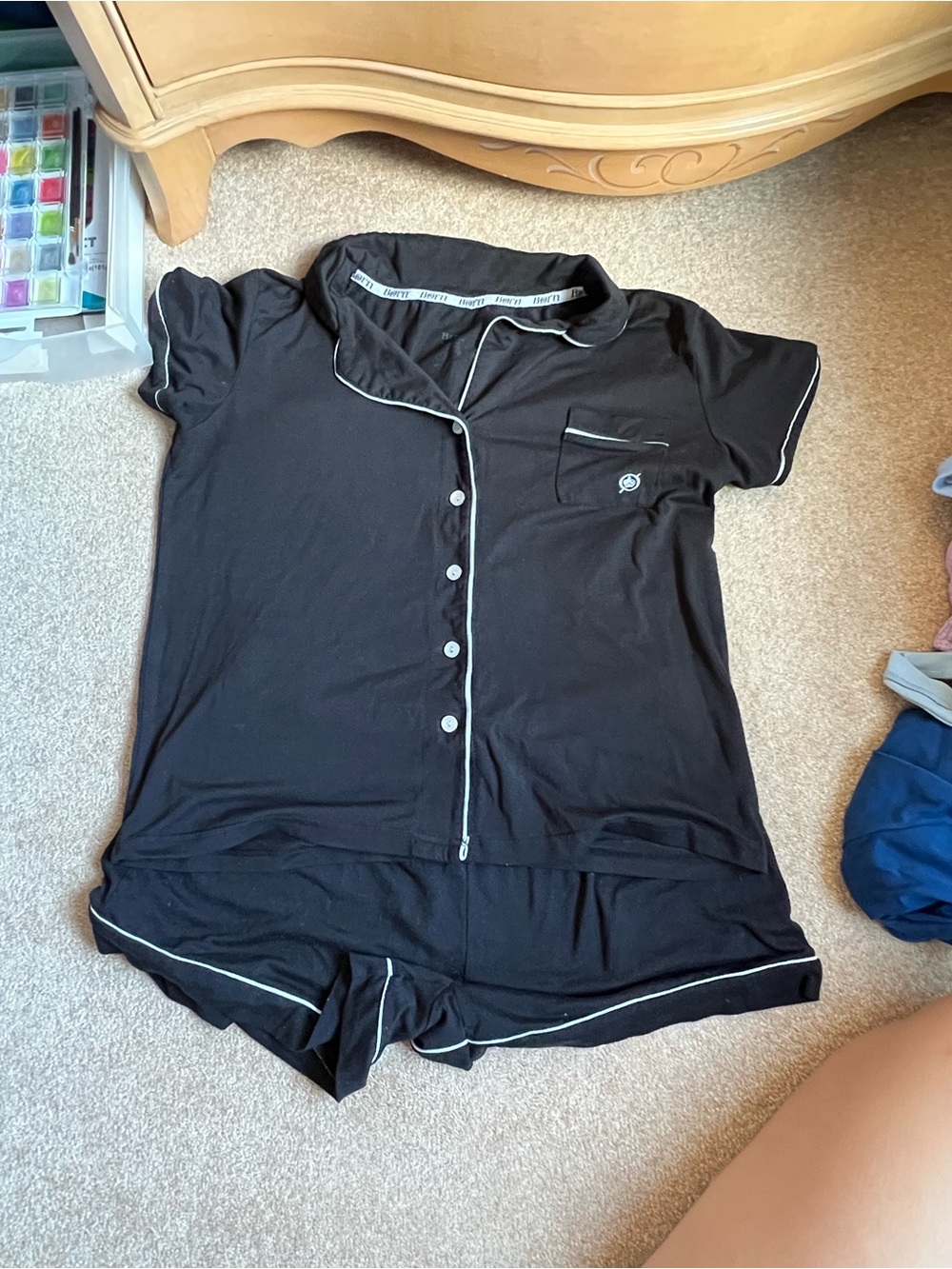 Black Short Sleeve Pajama Set with Contrast Piping